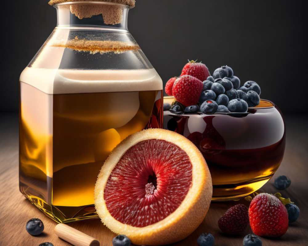 Glass jar of honey with wooden dipper and berries, strawberries, blueberries, sliced blood orange