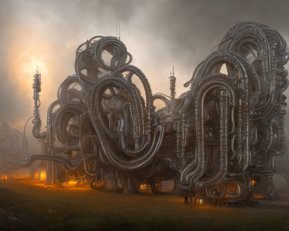 Fantastical industrial complex with intricate pipes and towers in misty ambiance