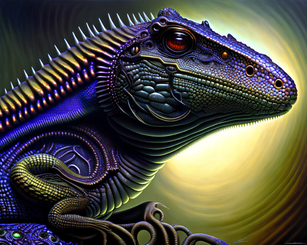 Detailed digital artwork: Iguana with vibrant scales and orange eye