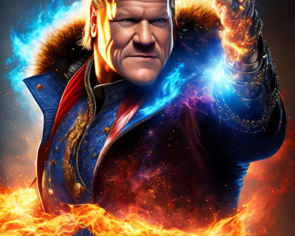 Digital artwork of superhero with fiery hair and glowing fist in blue and red costume.
