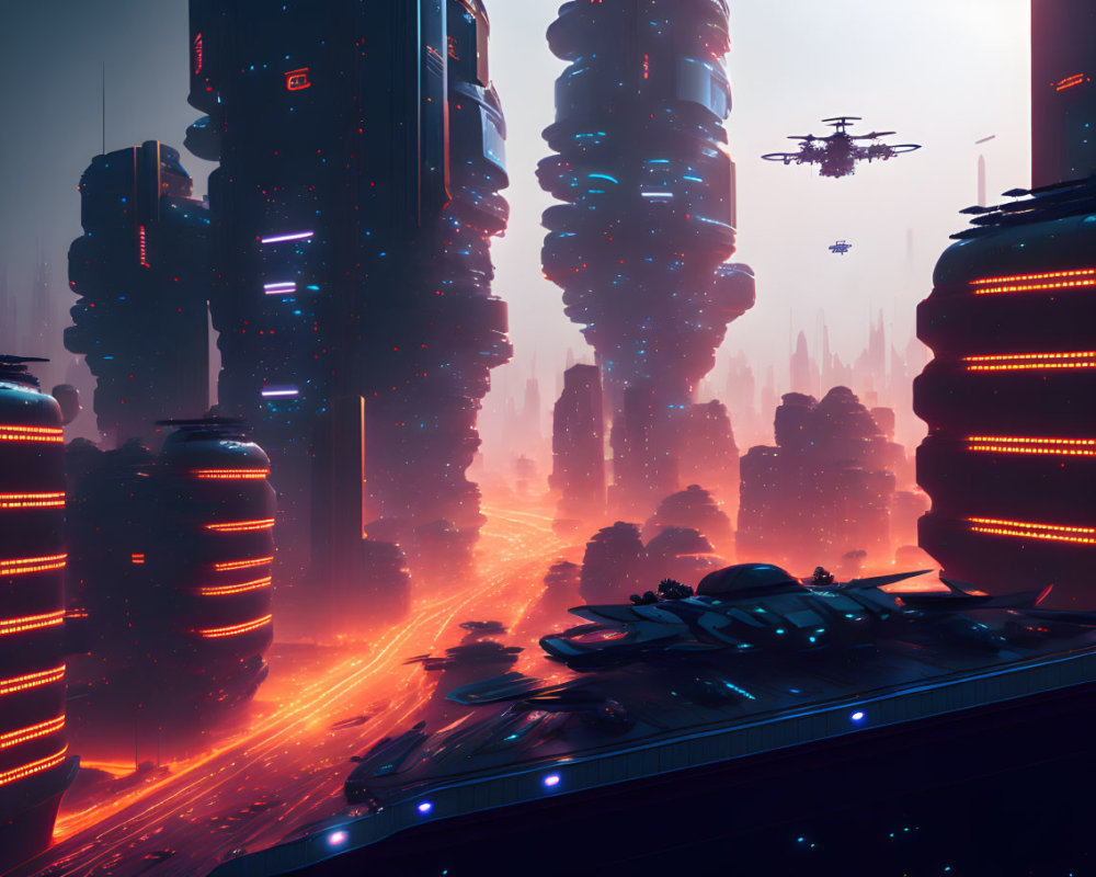 Futuristic cityscape with neon-lit skyscrapers and flying vehicles