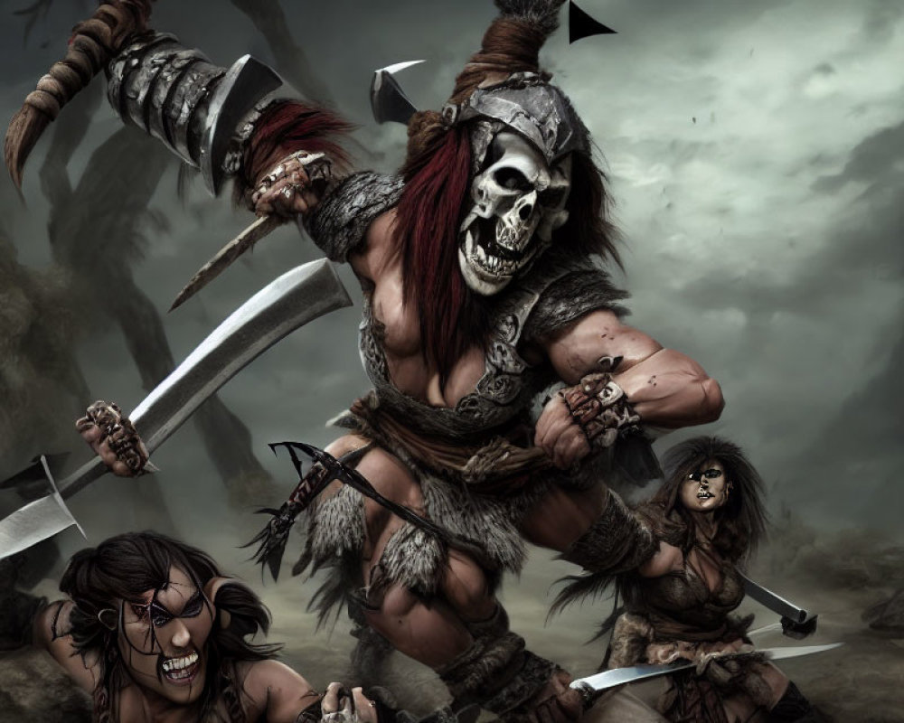 Dark fantasy art of three warriors in skull masks with primitive weapons