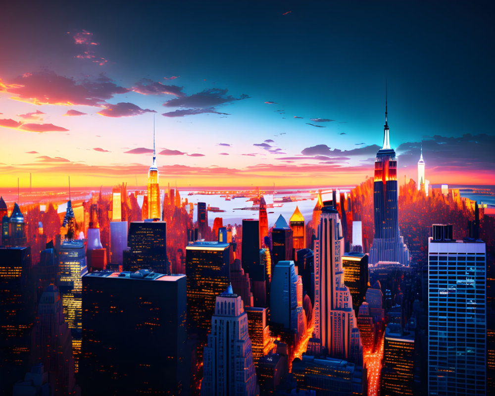 Colorful digital artwork: City skyline at sunset with neon skyscrapers.