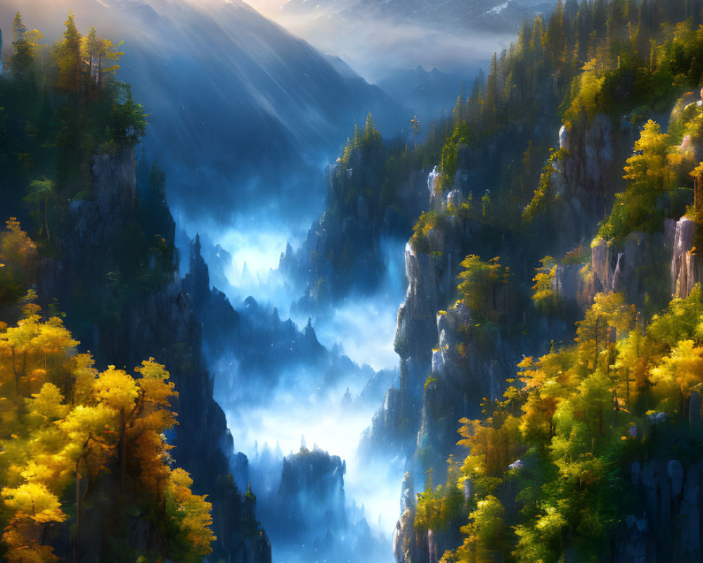 Sunlit golden-hued trees on steep cliffs with mist-filled valleys and distant mountains under a bright sky