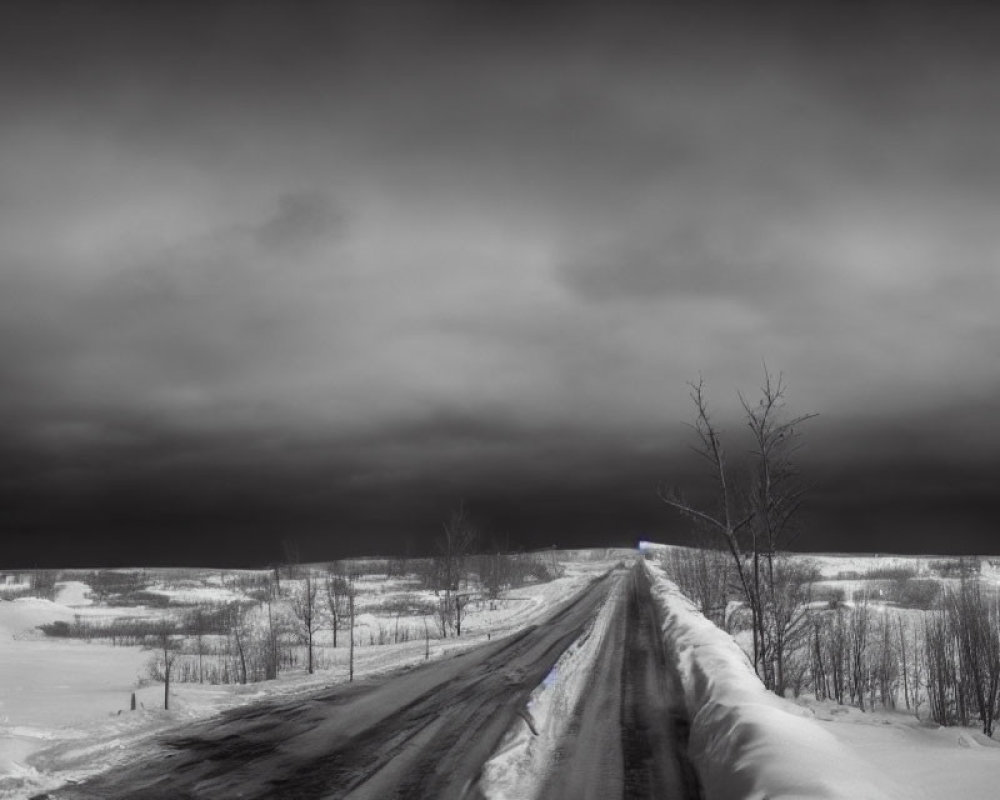 Desolate winter road with leafless trees and snow-covered fields
