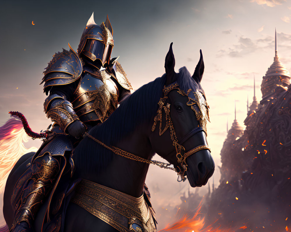 Knight in ornate armor on black horse in fiery skies & dark spires