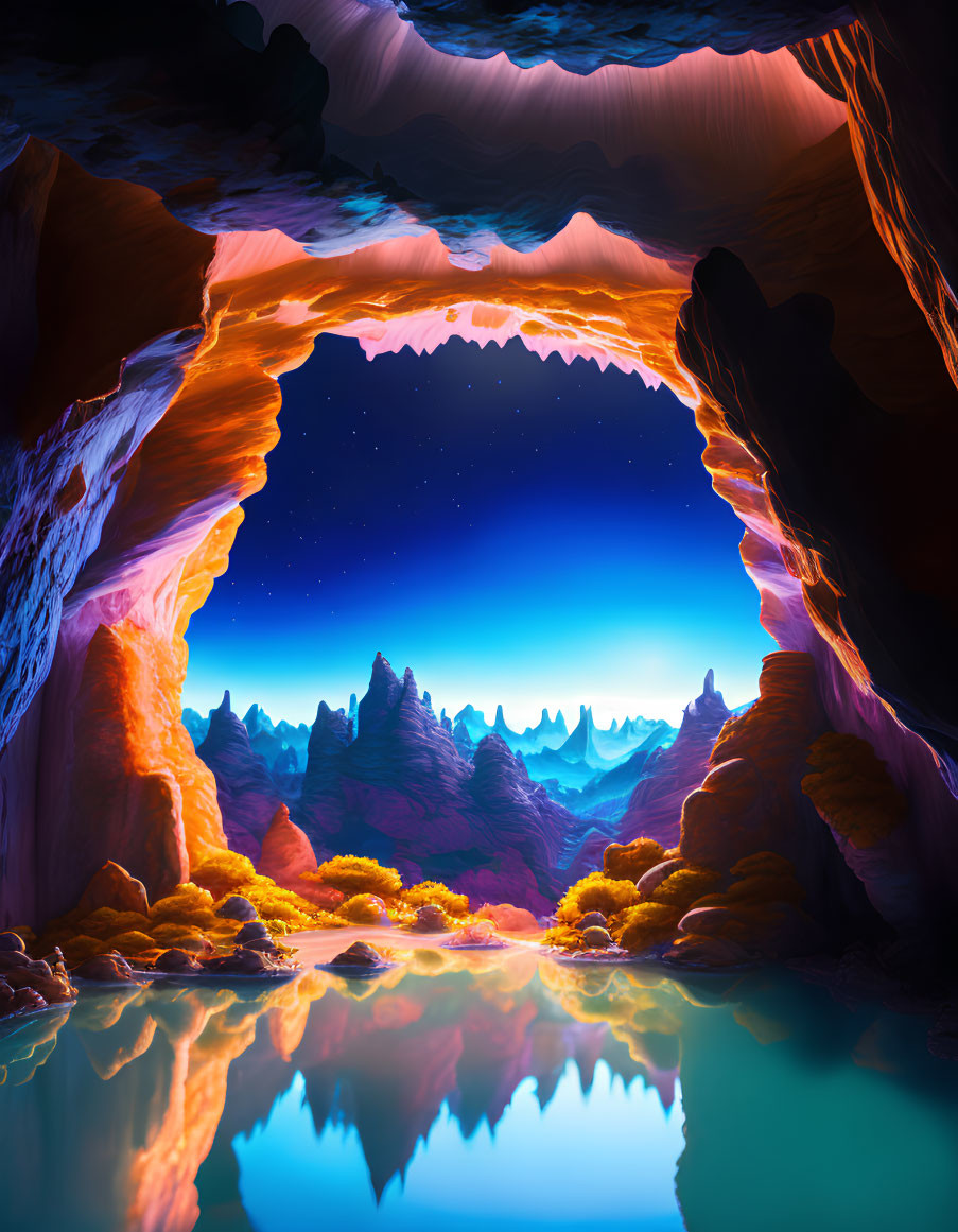 Digital Art: Tranquil Cave with Reflective Water and Alien Landscape