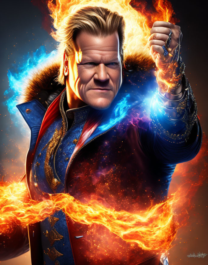Digital artwork of superhero with fiery hair and glowing fist in blue and red costume.