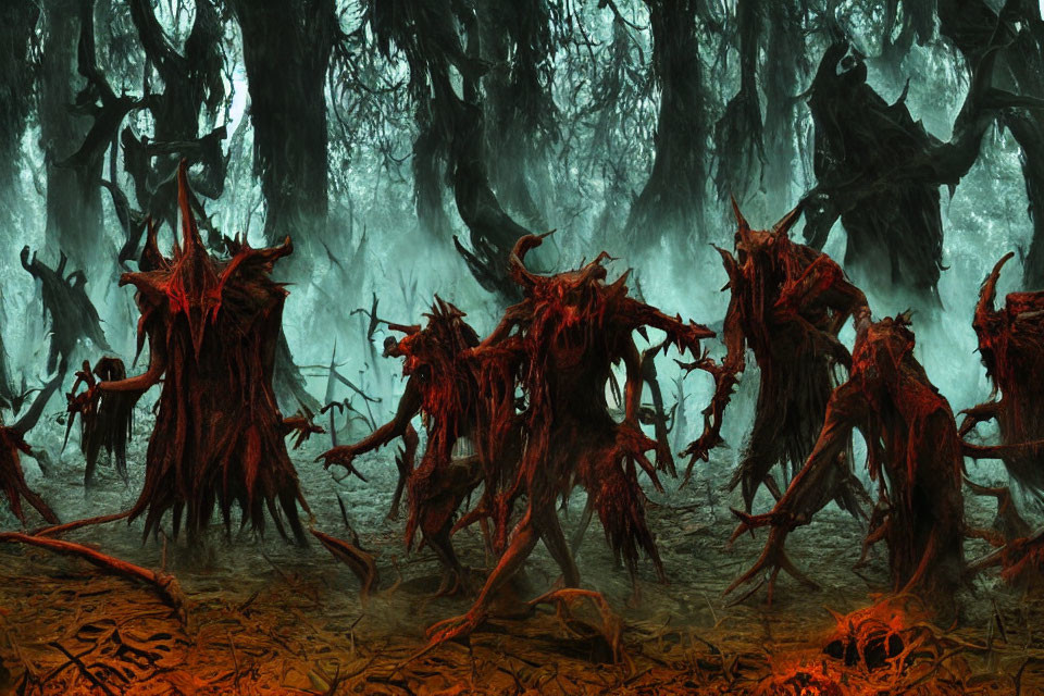 Eerie forest with sinister tree-like creatures