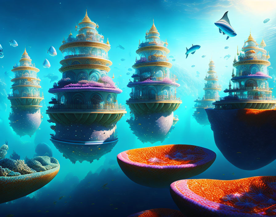 Colorful coral and flying fish in a dreamlike underwater scene