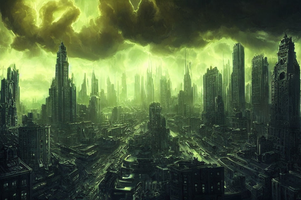 Dystopian cityscape under stormy green sky with high-rises & ominous lights