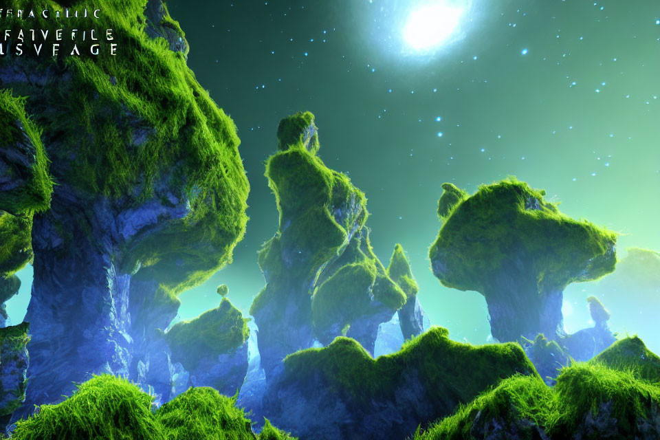 Vibrant alien landscape with lush greenery and towering rock formations