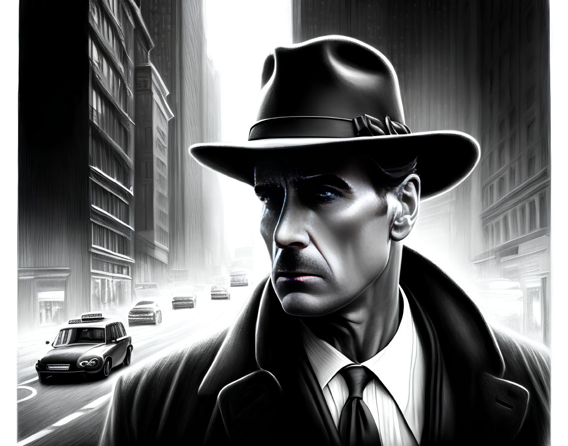 Illustration of a serious man in fedora and coat on foggy city street