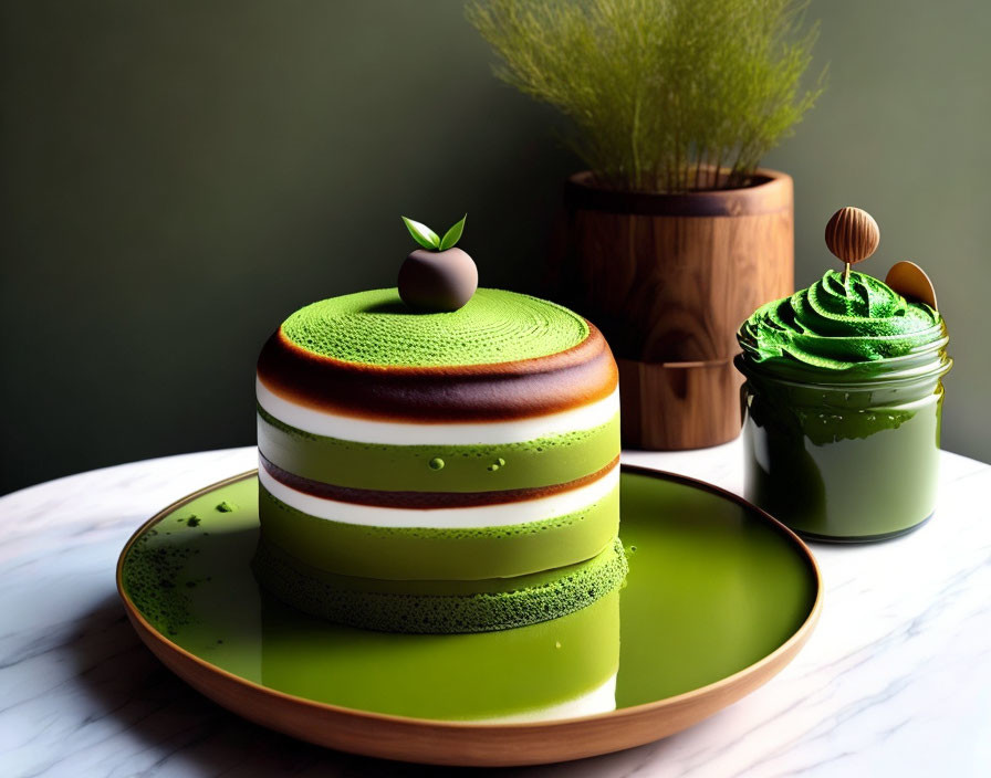 Layered Matcha Cake with Smooth Frosting on Green Plate and Matcha Spread Jar