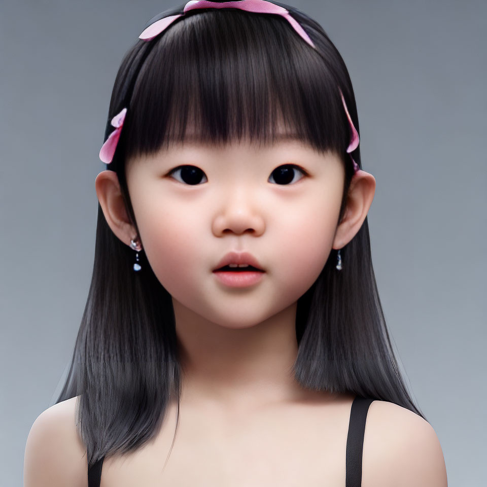 Young girl digital portrait with bow headband & black hair on grey background