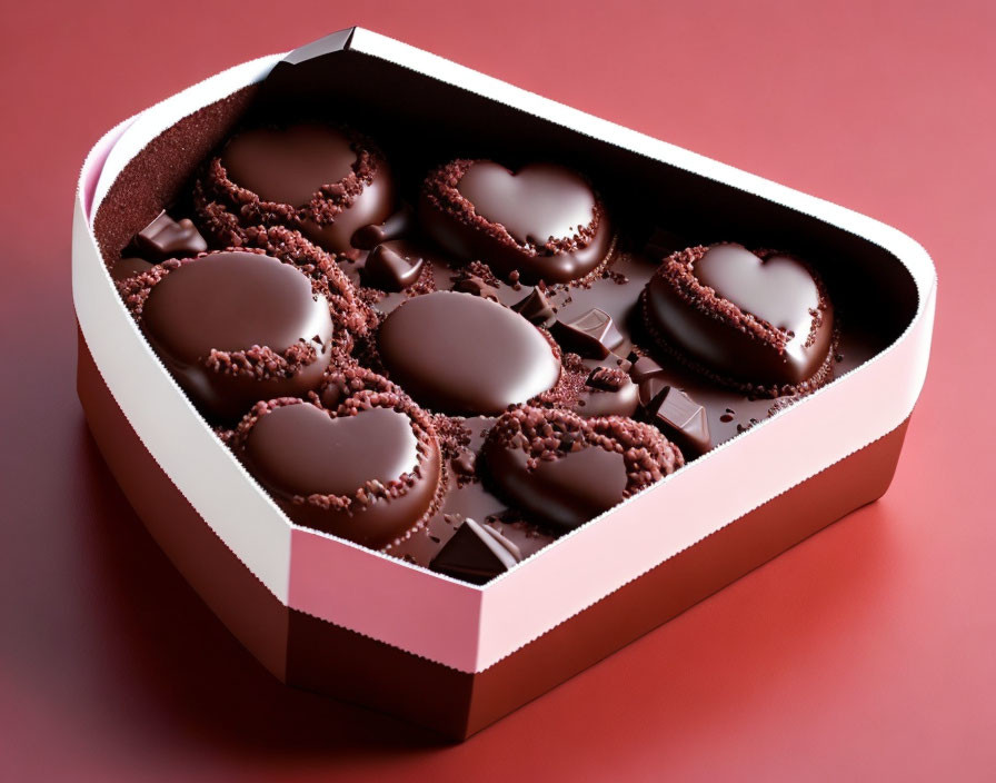 Heart-shaped chocolates with sprinkles in heart-shaped box on red background