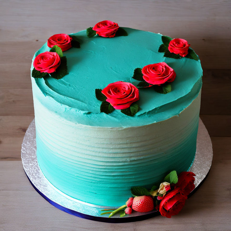 Teal Cake with Red Roses, Green Leaves, and Strawberries