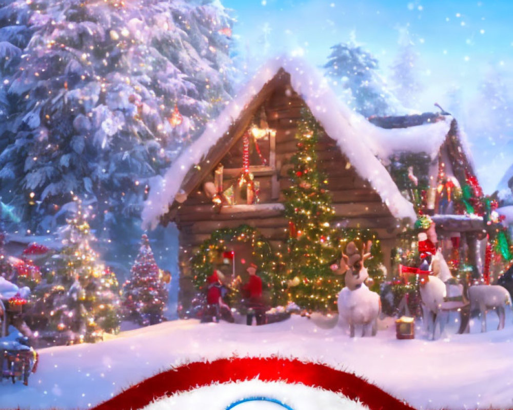 Snow-covered cabin with Christmas decorations, reindeer, and festive trees in winter scene