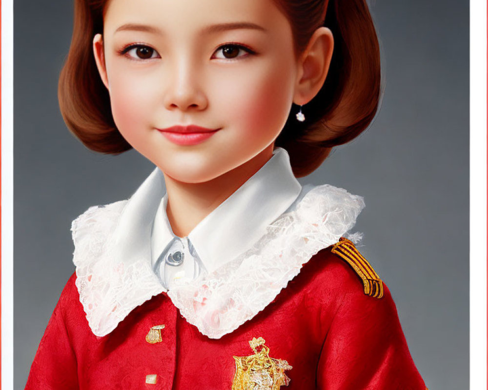 Young girl digital illustration: bob haircut, red dress, white collar, golden epaulettes,