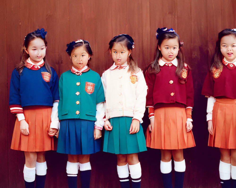 Five Young Girls in Different School Uniforms Against Wooden Background