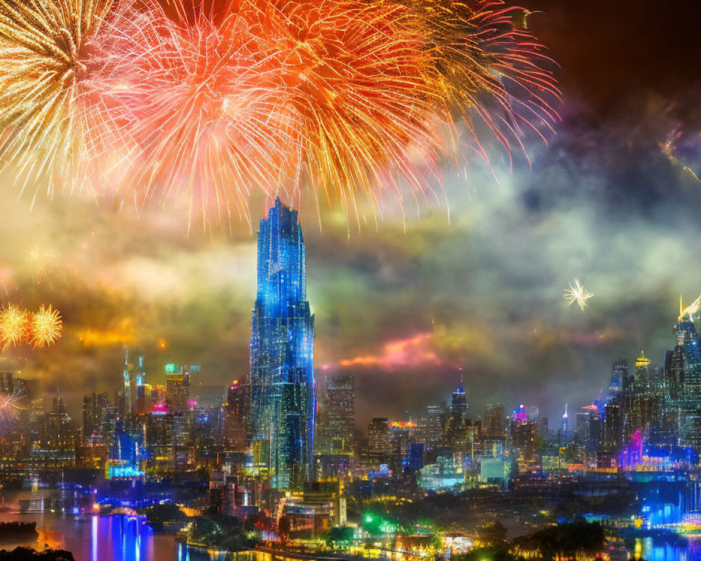 Colorful Fireworks Display Over Brightly Lit Cityscape at Night