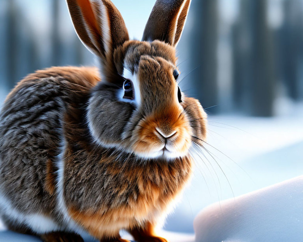 Realistic brown rabbit illustration on snowy ground with trees.