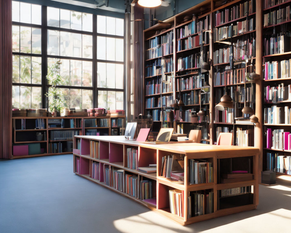 Spacious library with large windows and wooden bookshelves