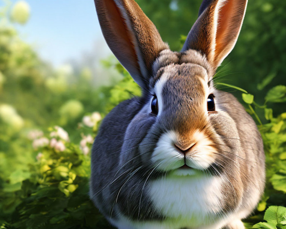 Realistic illustration of a rabbit in lush green foliage