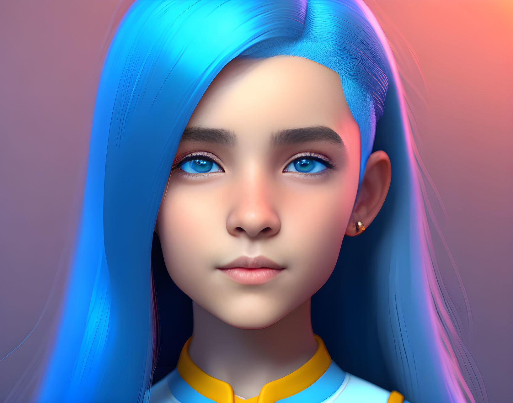 Vibrant digital portrait: girl with blue hair, bright eyes, subtle smile, on purple background