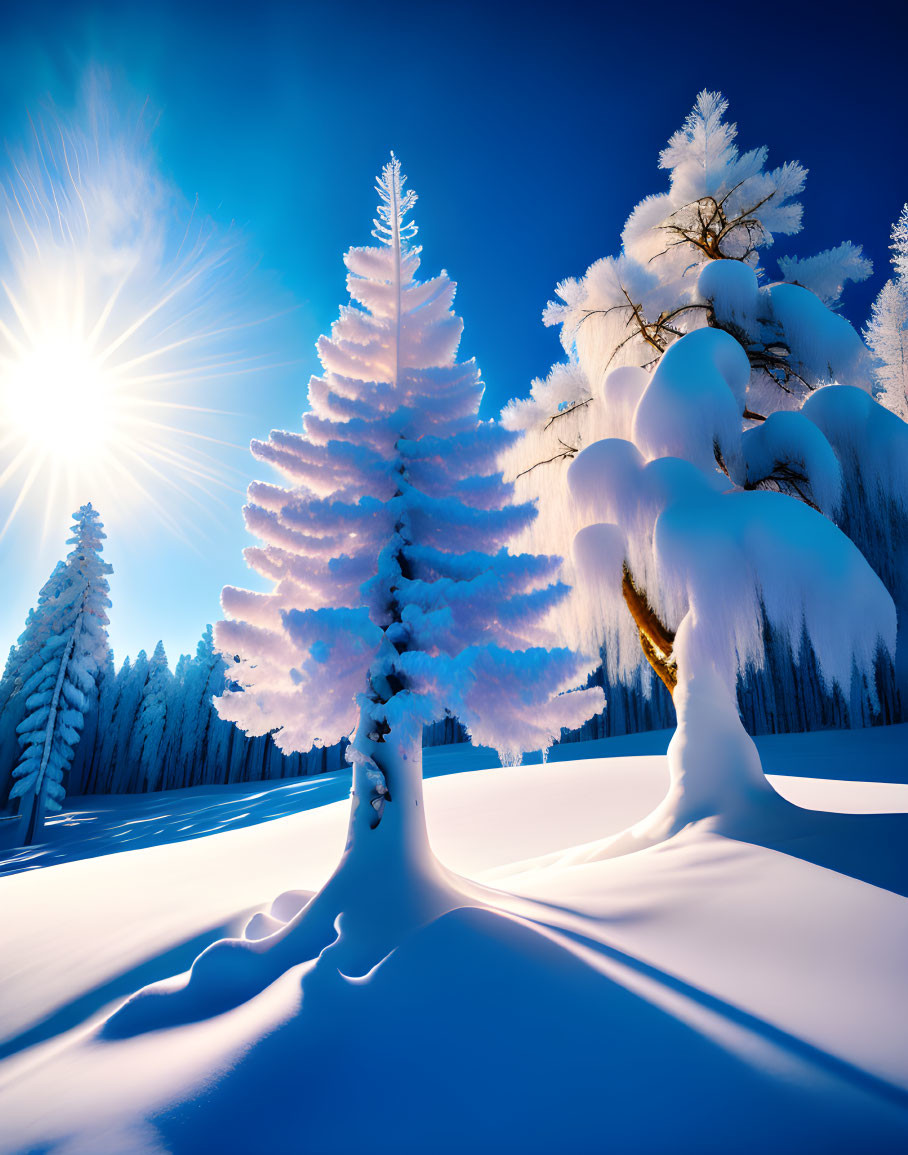 Winter Scene: Snow-covered trees under bright sun in blue sky