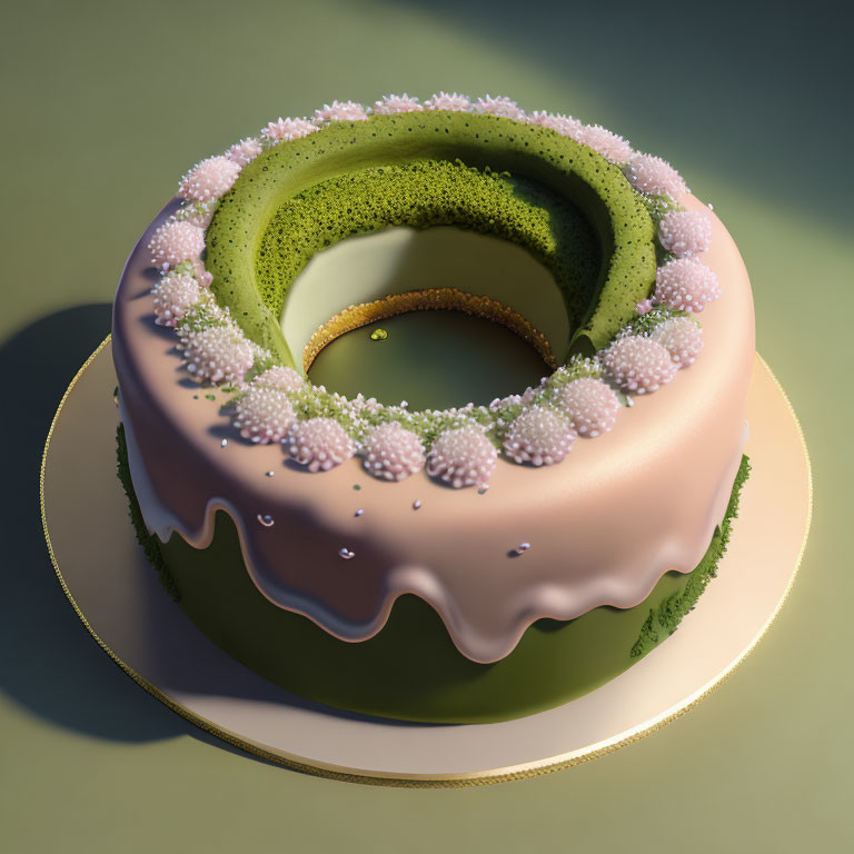 Realistic matcha cake with pink icing and white sprinkles on gold-trimmed plate