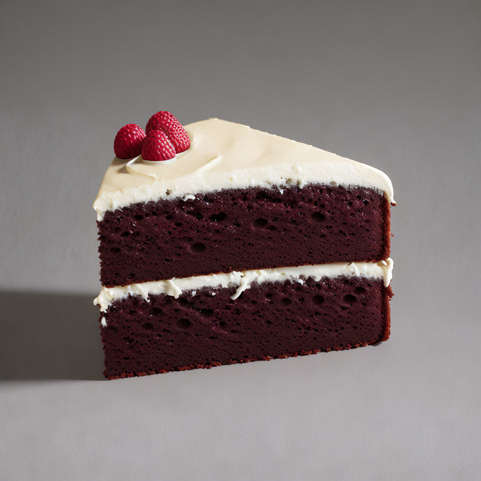 Layered Chocolate Cake with White Frosting and Raspberries on Grey Background