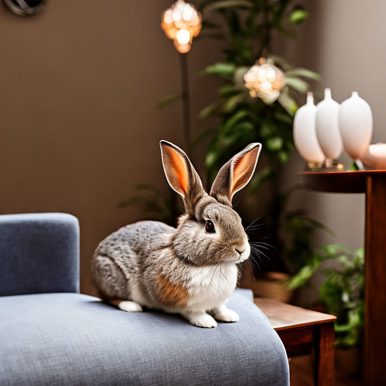 Grey and White Rabbit on Blue Chair in Cozy Room with Plants and Warm Lighting