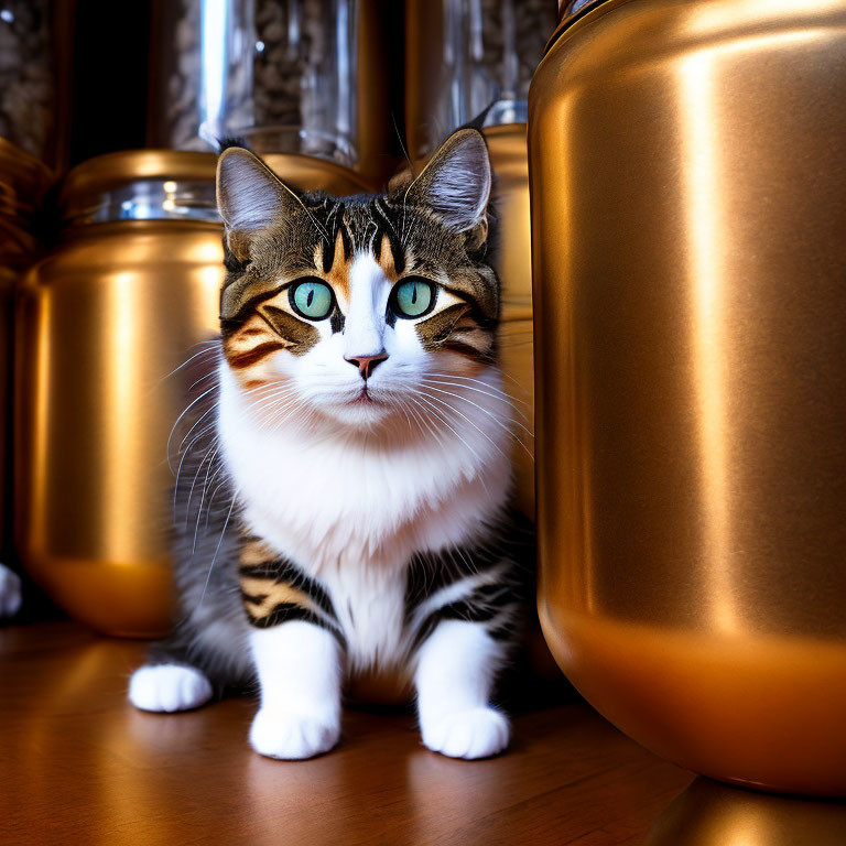 Tabby Cat with Green Eyes Between Golden Canisters on Wooden Surface