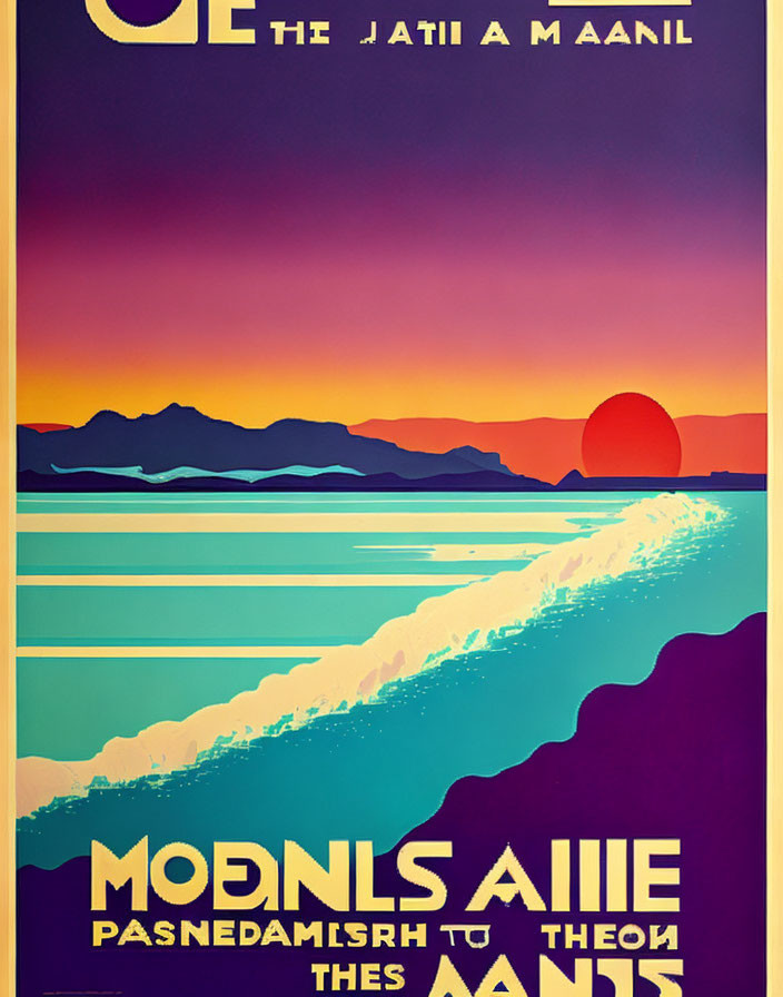 Layered Sunset Hues Travel Poster with Mountainous Seascape