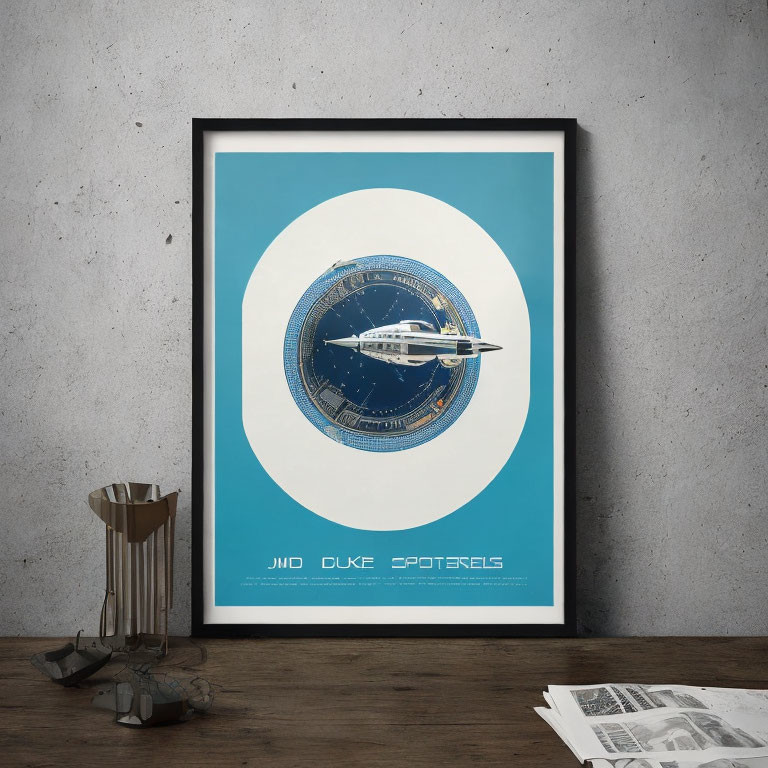 Circular space station poster with model spaceship and scattered papers on wall