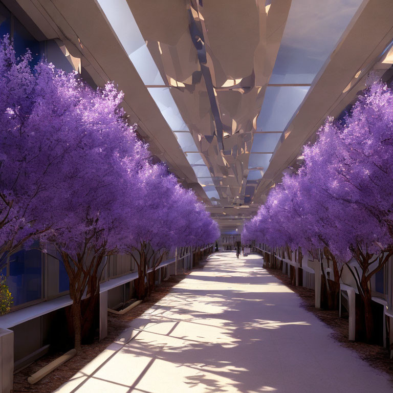 Geometric ceiling in modern corridor with purple trees and distant figure