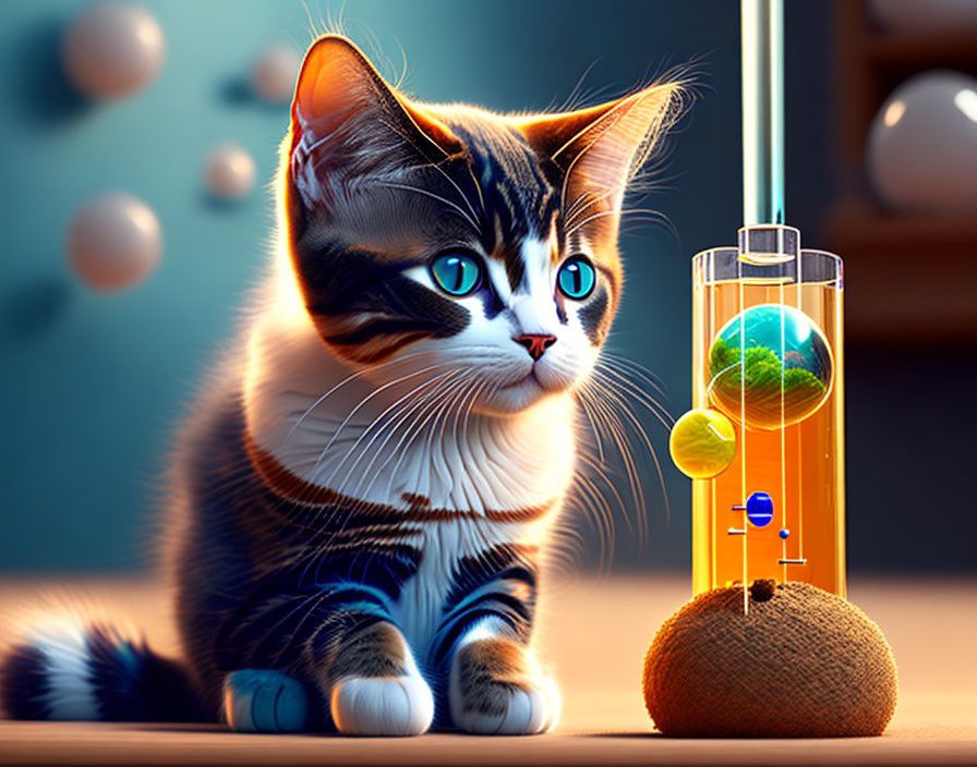 Fluffy Cat with Galileo Thermometer in Digital Art