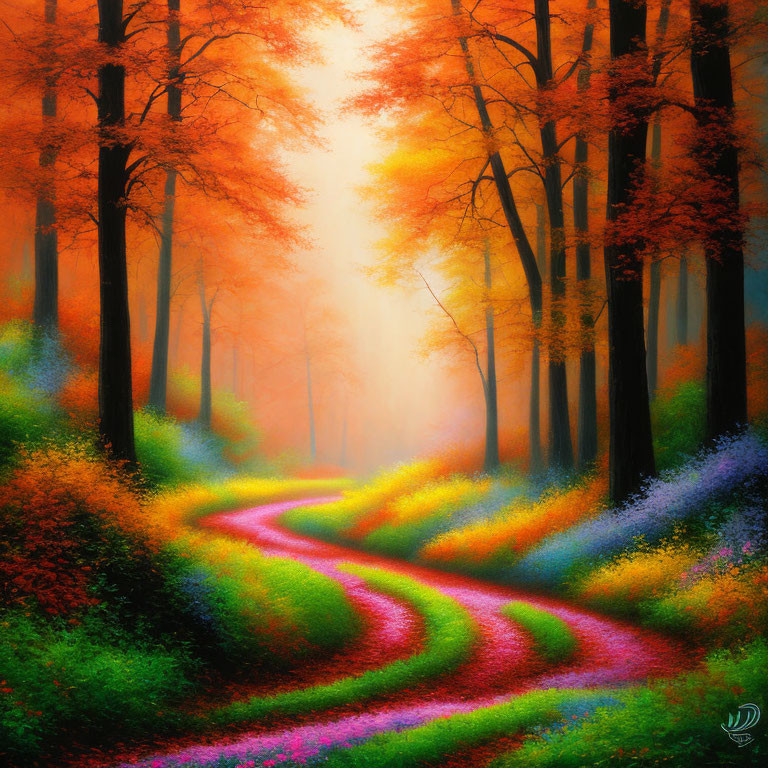Colorful Forest Path with Orange Foliage and Misty Background