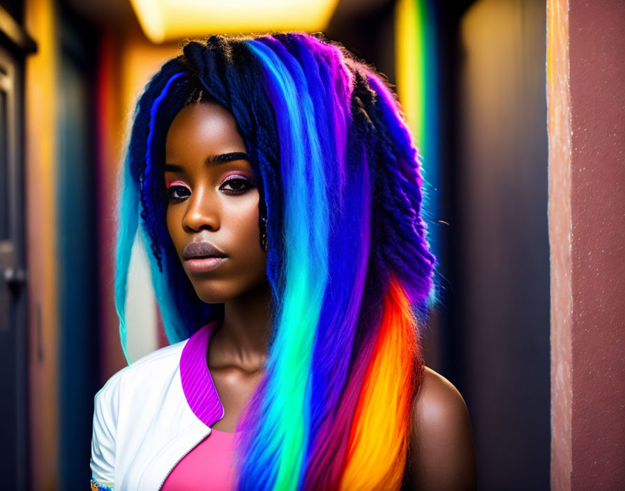 Vibrant rainbow-colored dreadlocks on a confident woman in hallway portrait