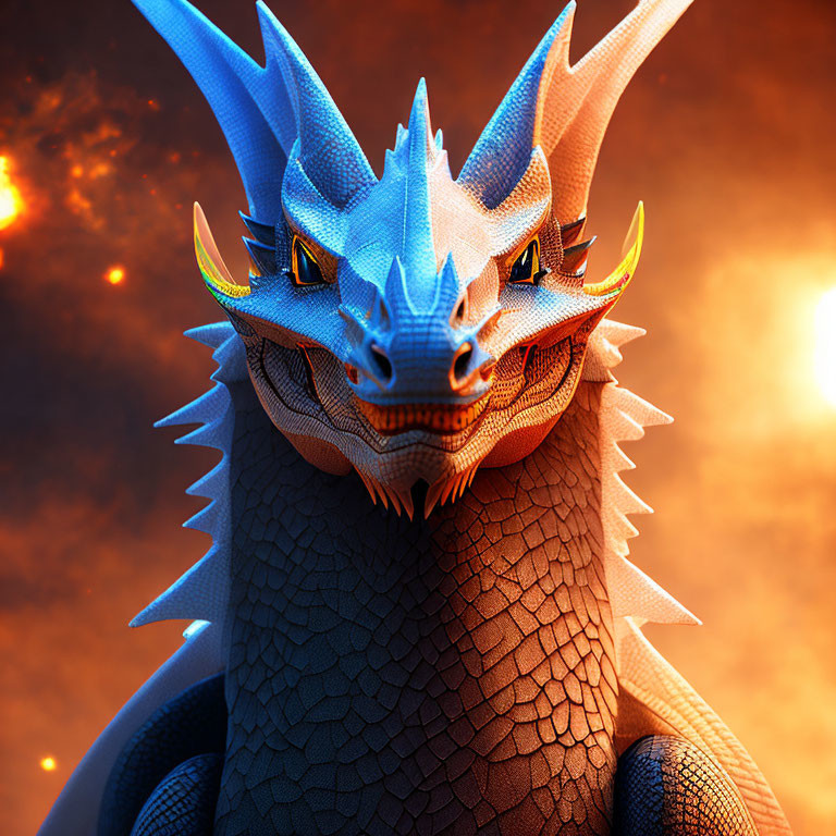 Detailed 3D Rendering of Majestic Blue Dragon with Golden Eyes