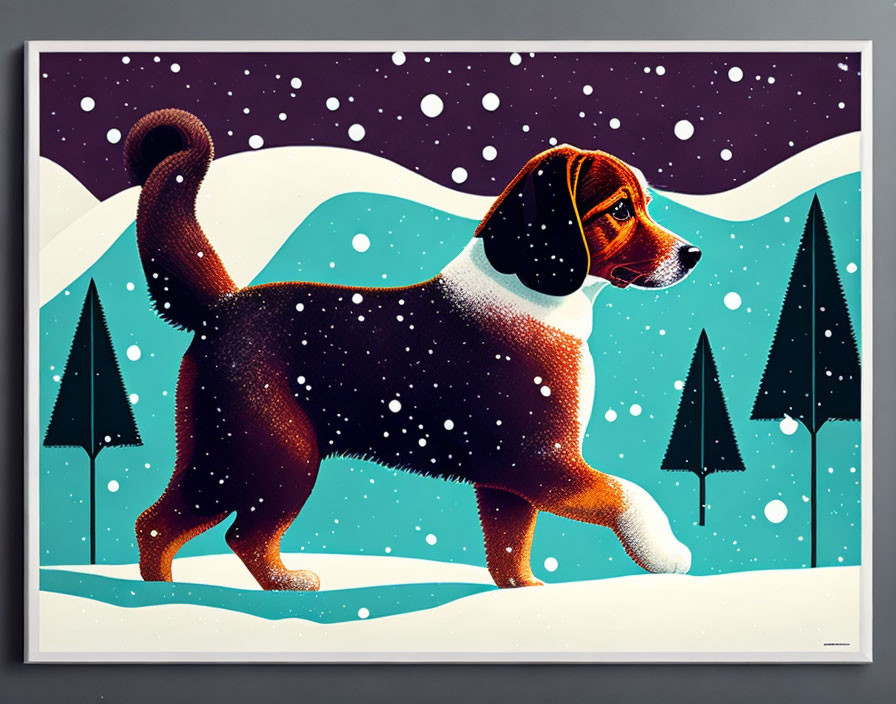 Stylized beagle in snowy landscape with pine trees under starry night.