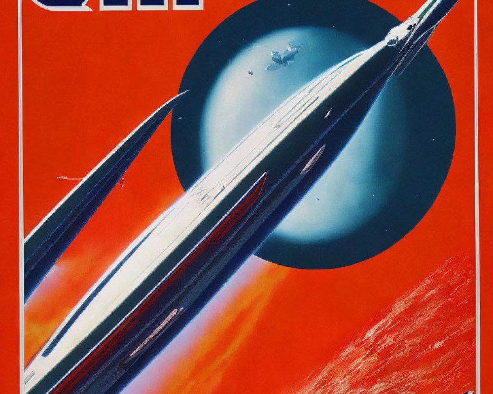 Retro-futuristic space poster with sleek spaceship and ringed planet