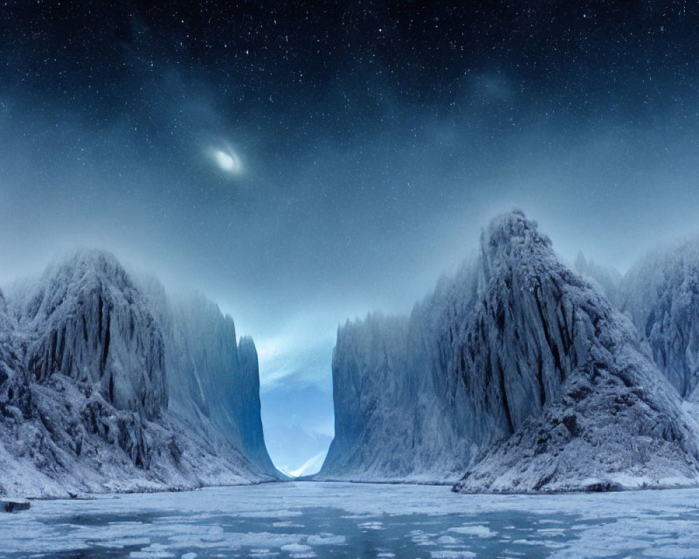 Snow-covered mountain range under starry night sky with comet and clear passage through peaks on icy terrain