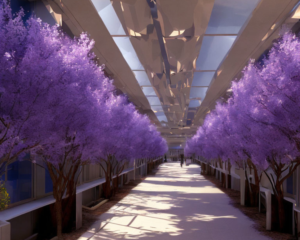 Geometric ceiling in modern corridor with purple trees and distant figure
