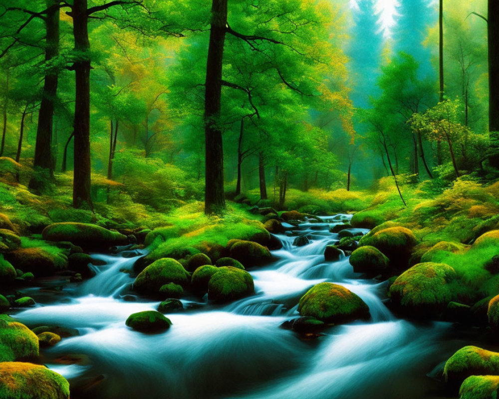 Lush Green Forest with Moss-Covered Rocks and Serene Stream