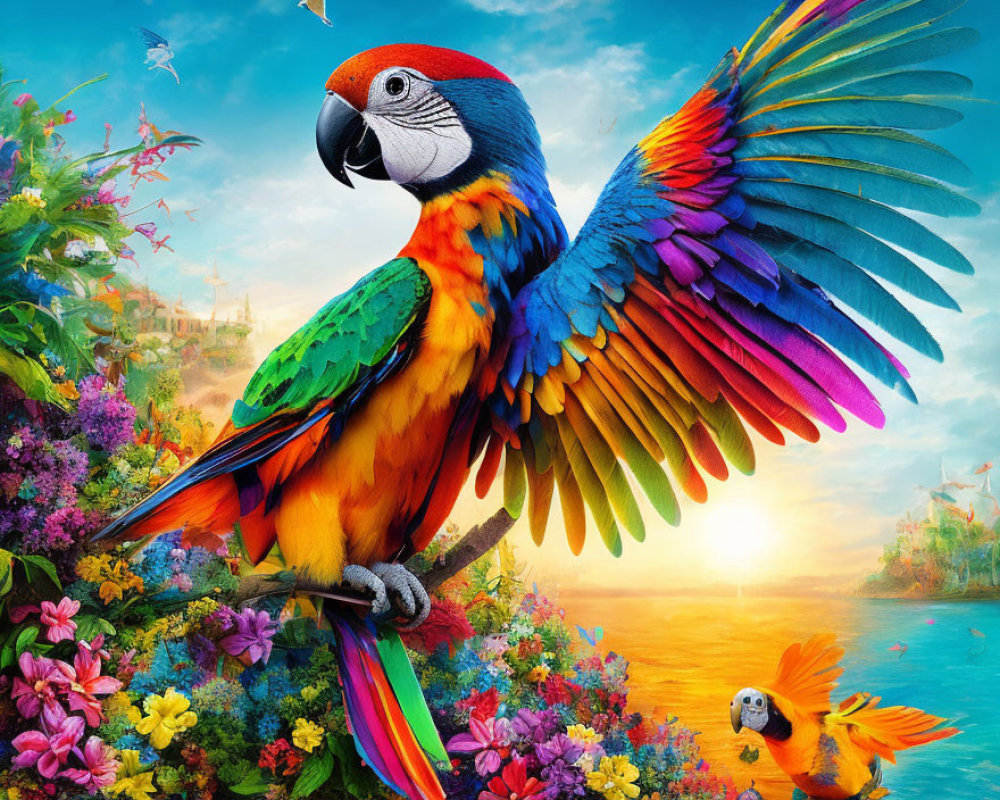 Colorful Scarlet Macaw Perched on Branch with Sunset Background