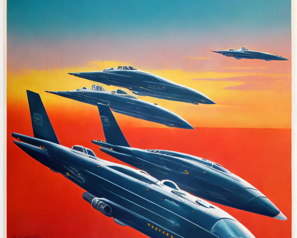 Retro-futuristic aircraft formation poster with fiery sunset sky