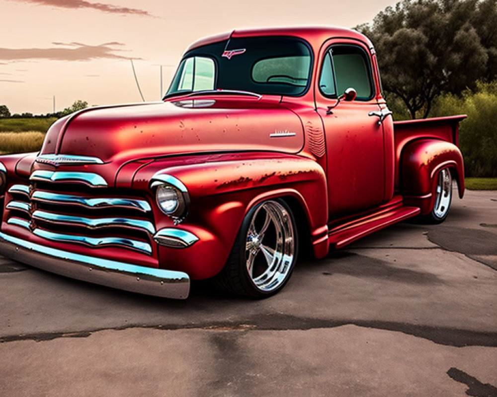 Classic Red Pickup Truck with Chrome Accents and Custom Wheels Outdoors at Dusk