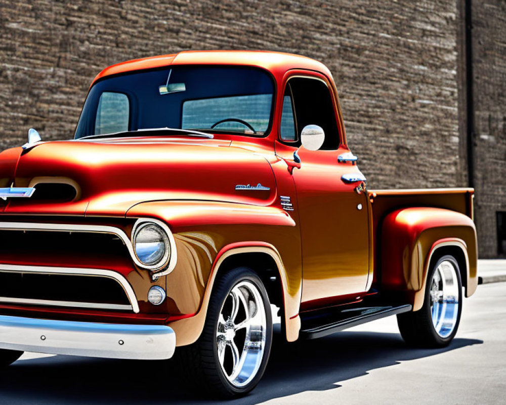 Vintage orange and black pickup truck with chrome wheels parked by brick wall